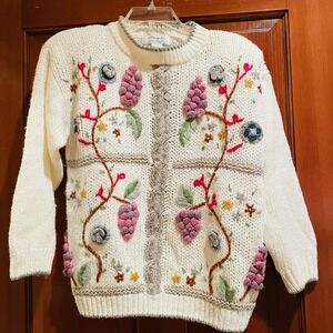 Vintage Margules Cottage Fairy Y2K 3D Sweater Ivory Grape Flowers Crew Neck Sz S